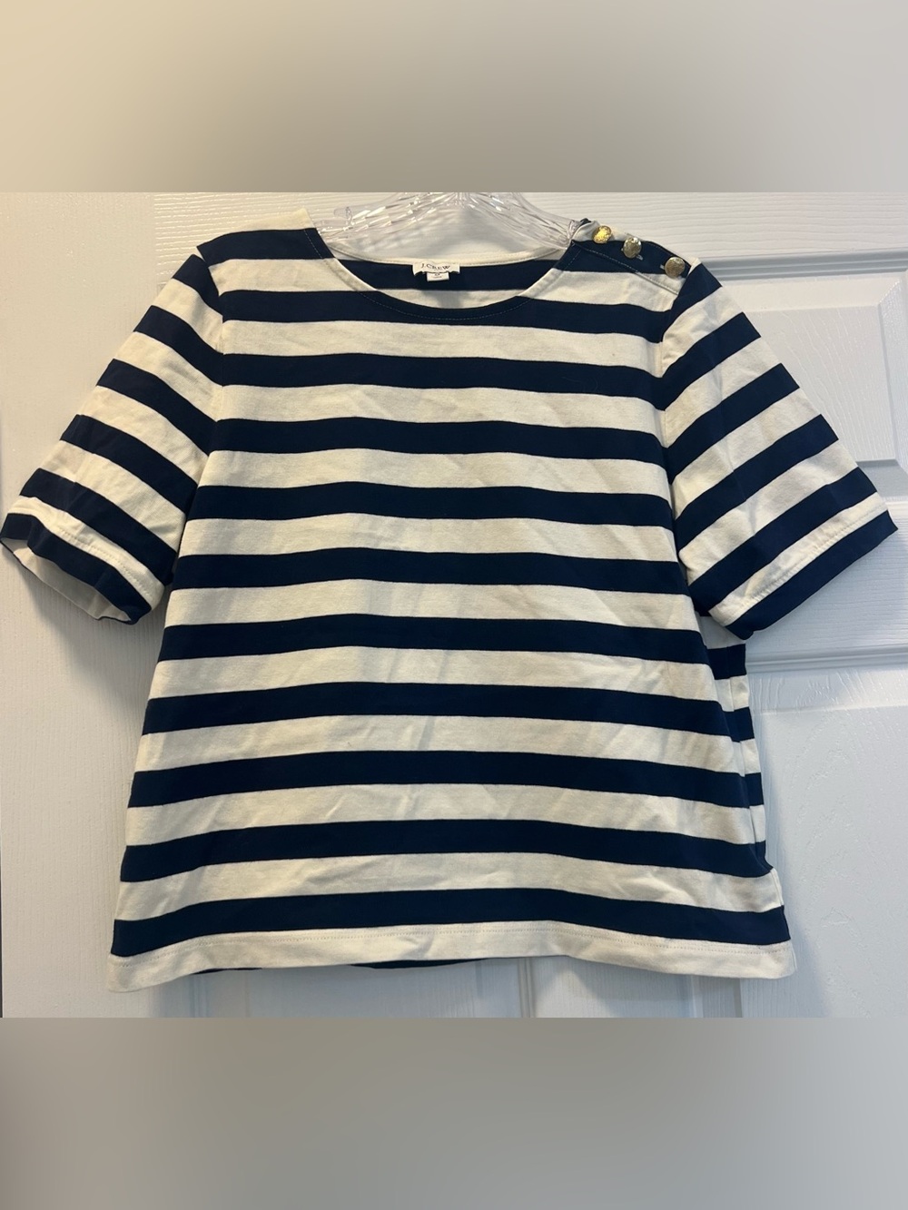 J. Crew Navy & White Striped Short Sleeve Tee with Gold Shoulder Buttons, size M